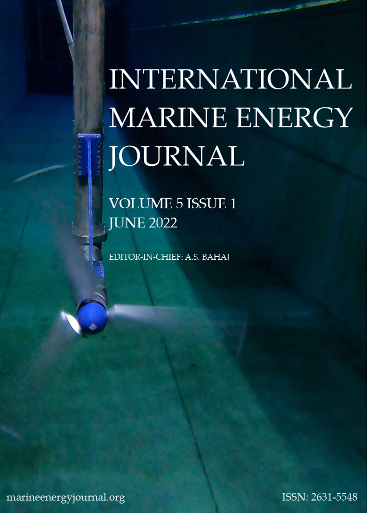 Front cover of IMEJ vol5 issue1 features a scale tidal turbine immersed in a towing tank